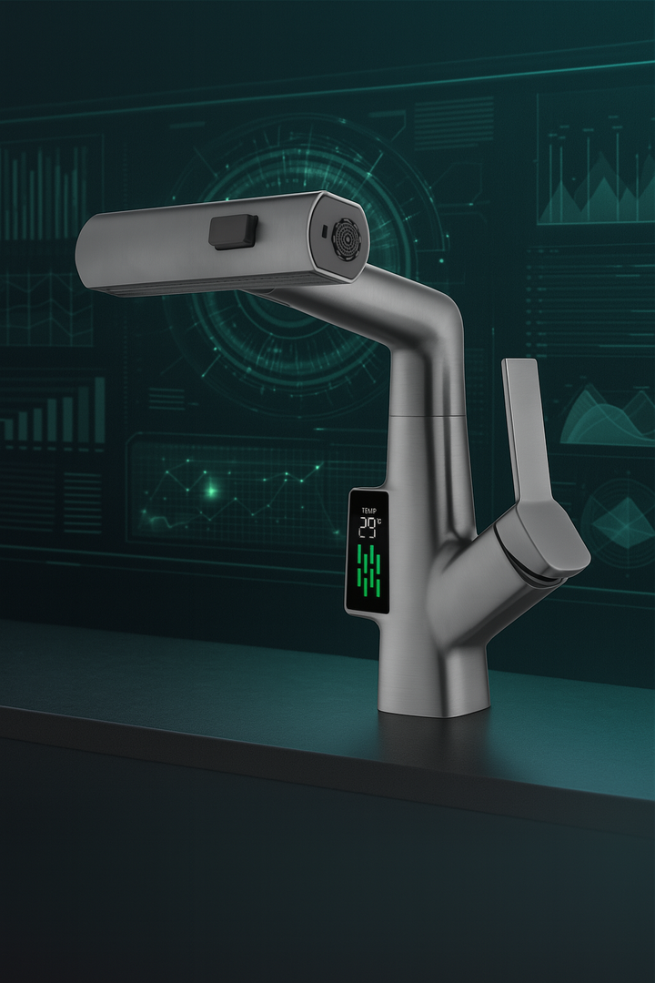 Smart Flow: Helix – Chrome & Gunmetal Digital Basin Faucet with Multifunction Spray