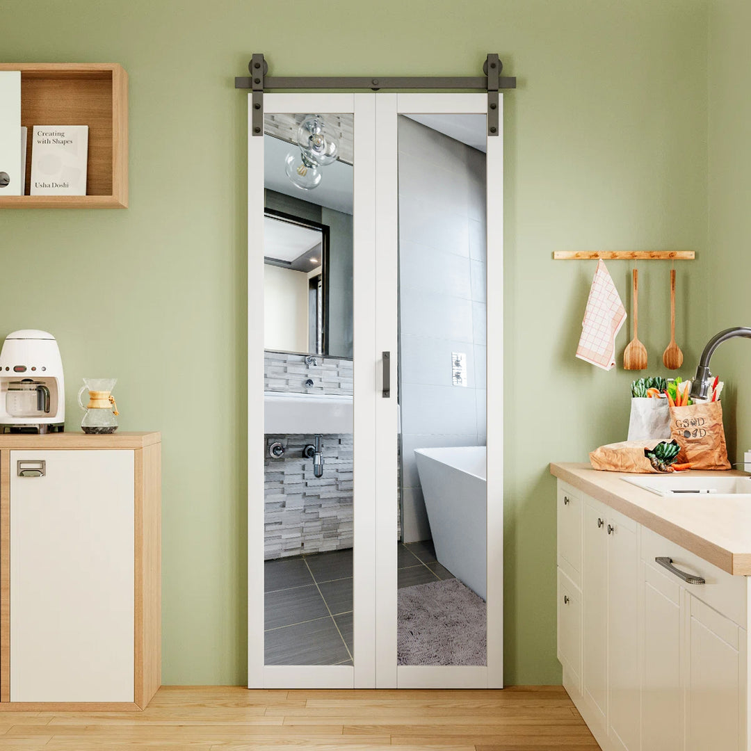 WPC Barn Door-VTS-W-27104-3684(36*84*1-9/16inch, Double Bifold Door, Full Lite, WPC Profile + TP glass)