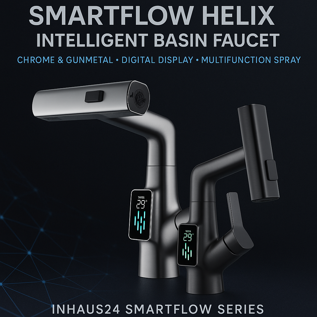 Smart Flow: Helix – Chrome & Gunmetal Digital Basin Faucet with Multifunction Spray