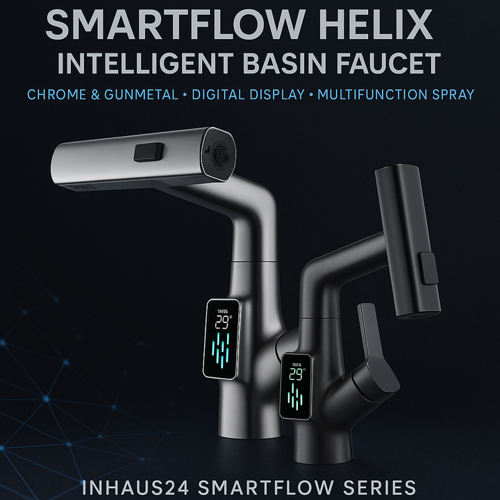 Smart Flow: Helix – Chrome & Gunmetal Digital Basin Faucet with Multifunction Spray