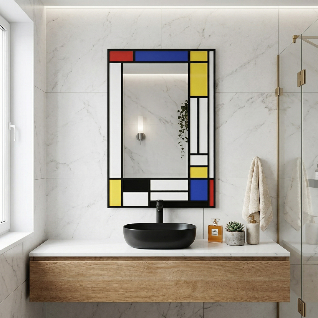 35x24 Inch Framed Wall Mirror, Minimalist Aluminum Frame, Decorative Screen Print, Black Frame, Wall Mount for Bathroom/Entryway