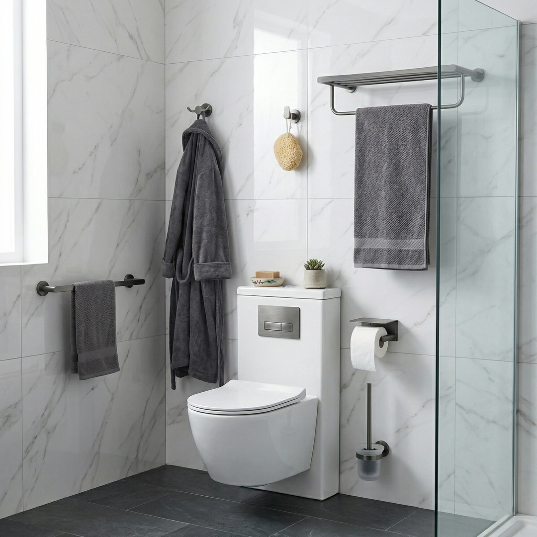 6-Piece Bathroom Hardware Set, Stainless Steel Bath Accessory Kit with Towel Rack, Towel Bar, Toilet Paper Holder, Robe Hooks, Toilet Brush Holder, Wall Mounted Bathroom Organizer