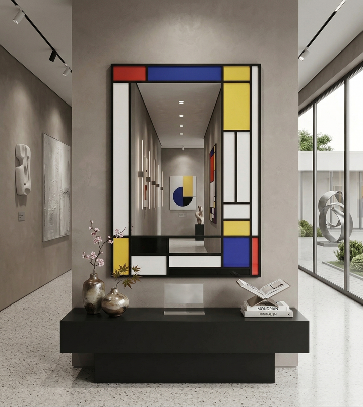 35x24 Inch Framed Wall Mirror, Minimalist Aluminum Frame, Decorative Screen Print, Black Frame, Wall Mount for Bathroom/Entryway