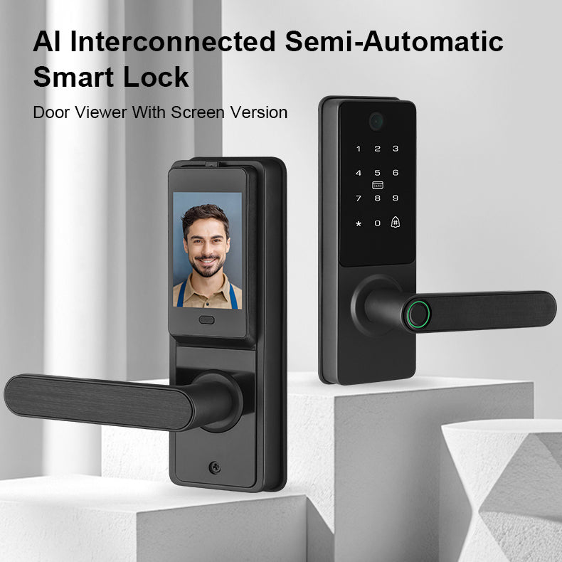 AI Interconnected Semi-Automatic Smart Lock with door viewer on a white background