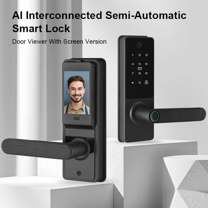 AI Interconnected Semi-Automatic Smart Lock with door viewer on a white background