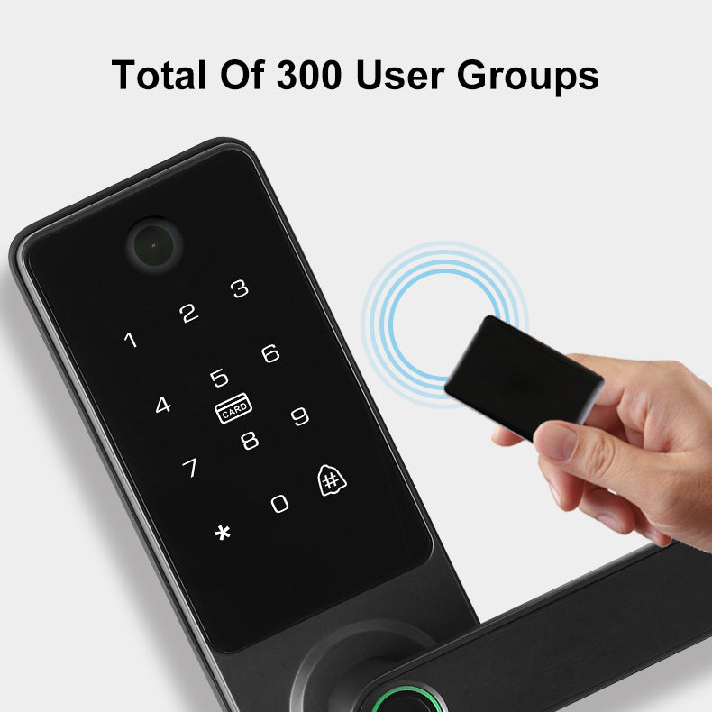 Smart lock with keypad and card reader on a white background, featuring text 'Total Of 300 User Groups'.