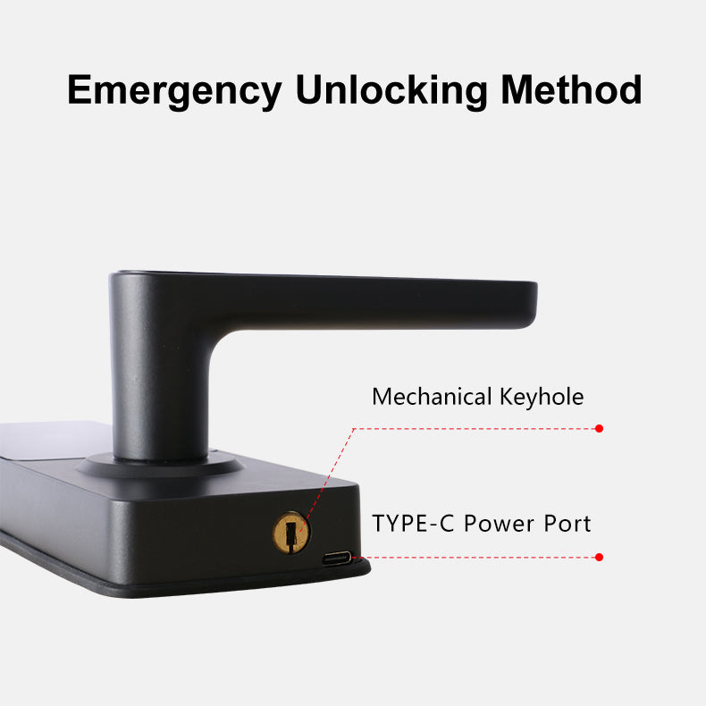 Black door handle with emergency unlocking method explanation on a white background