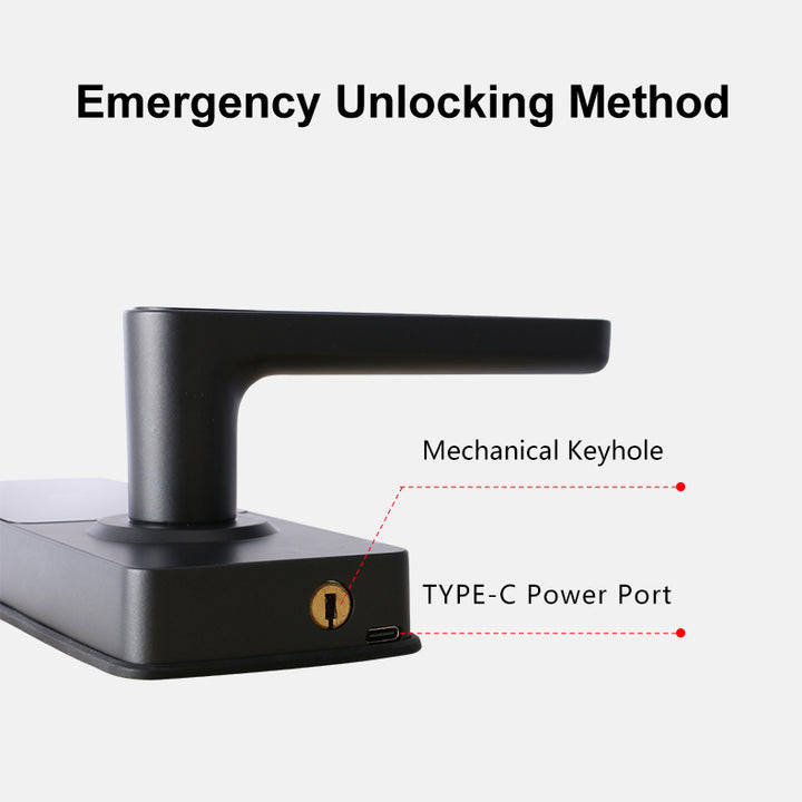 Black door handle with emergency unlocking method explanation on a white background