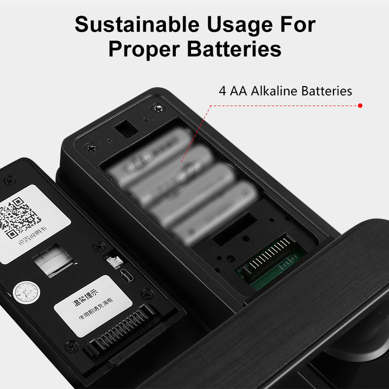 Battery compartment with 4 AA alkaline batteries and text about sustainable usage.