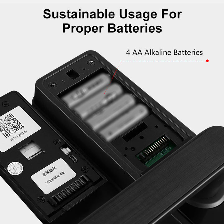 Battery compartment with 4 AA alkaline batteries and text about sustainable usage.