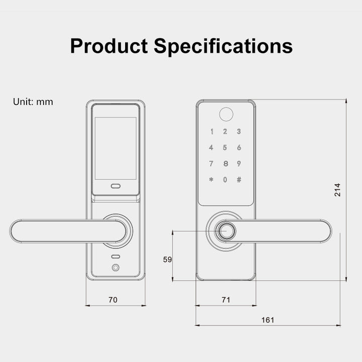 Smart door lock with dimensions labeled in millimeters on a white background