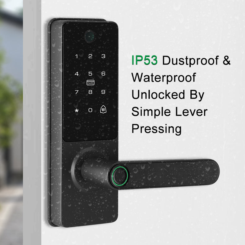 Digital door lock with keypad and lever, featuring IP53 rating for dustproof and waterproof conditions.