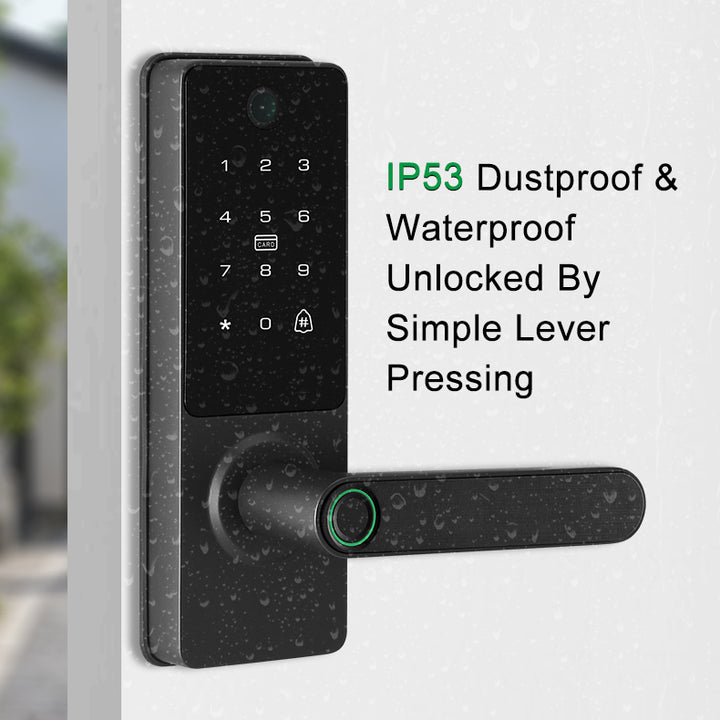Digital door lock with keypad and lever, featuring IP53 rating for dustproof and waterproof conditions.