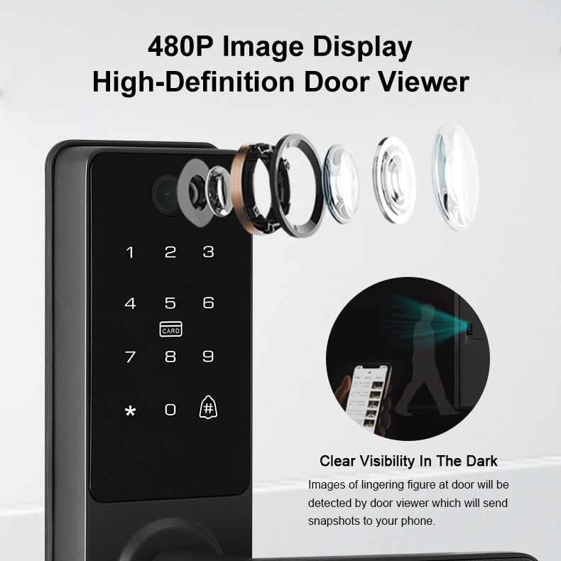 Digital door lock with keypad and high-definition door viewer on a white background