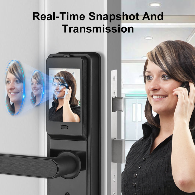 Smart door lock with face recognition technology and a woman on the phone.