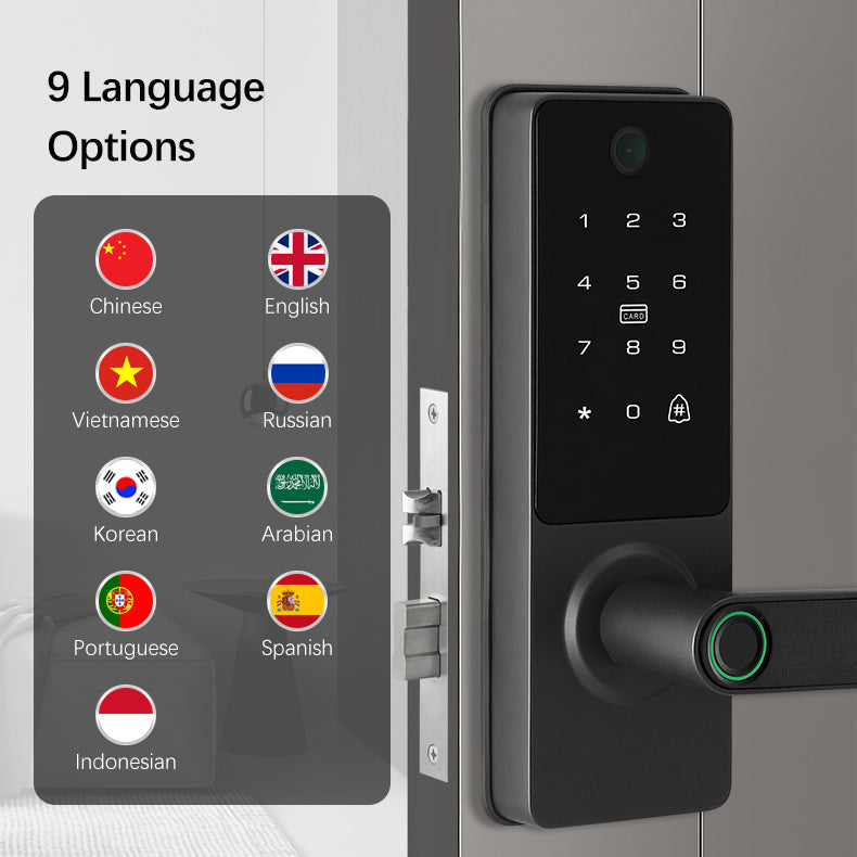 Digital door lock with language options displayed on a gray background