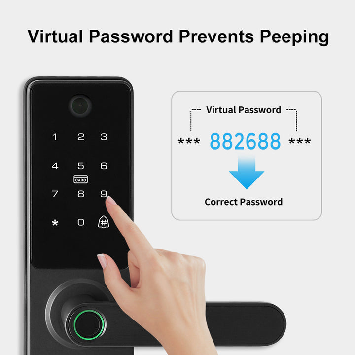 Smart door lock with digital keypad and virtual password display on a white background