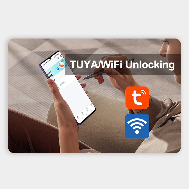 Two people using smartphones with TUYA/WiFi Unlocking text and icons on a light background